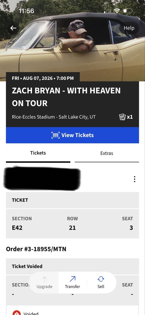 Zach Bryan Concert Ticket - Salt Lake City UT - Aug 7 2026 - Sec E42 Row 2