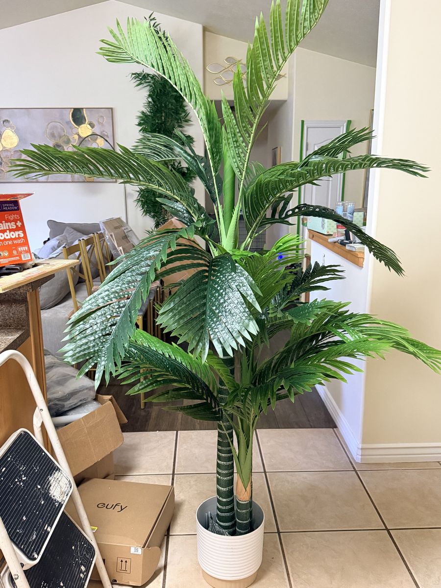 New. 7’ Artificial Palm Tree with White Pot - Lifelike Faux Plant Decor