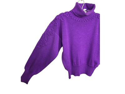 Vintage Meister Ski Sweater Scroll Appliqué Turtleneck Wool Small Violet Purple