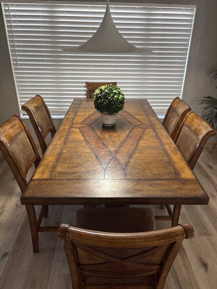 Rustic Wood Dining Table and 6 Chairs - Distressed Finish, Studded Leather Seats, extenders