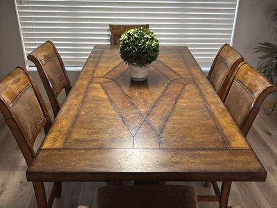 Rustic Wood Dining Table and 6 Chairs - Distressed Finish, Studded Leather Seats, extenders