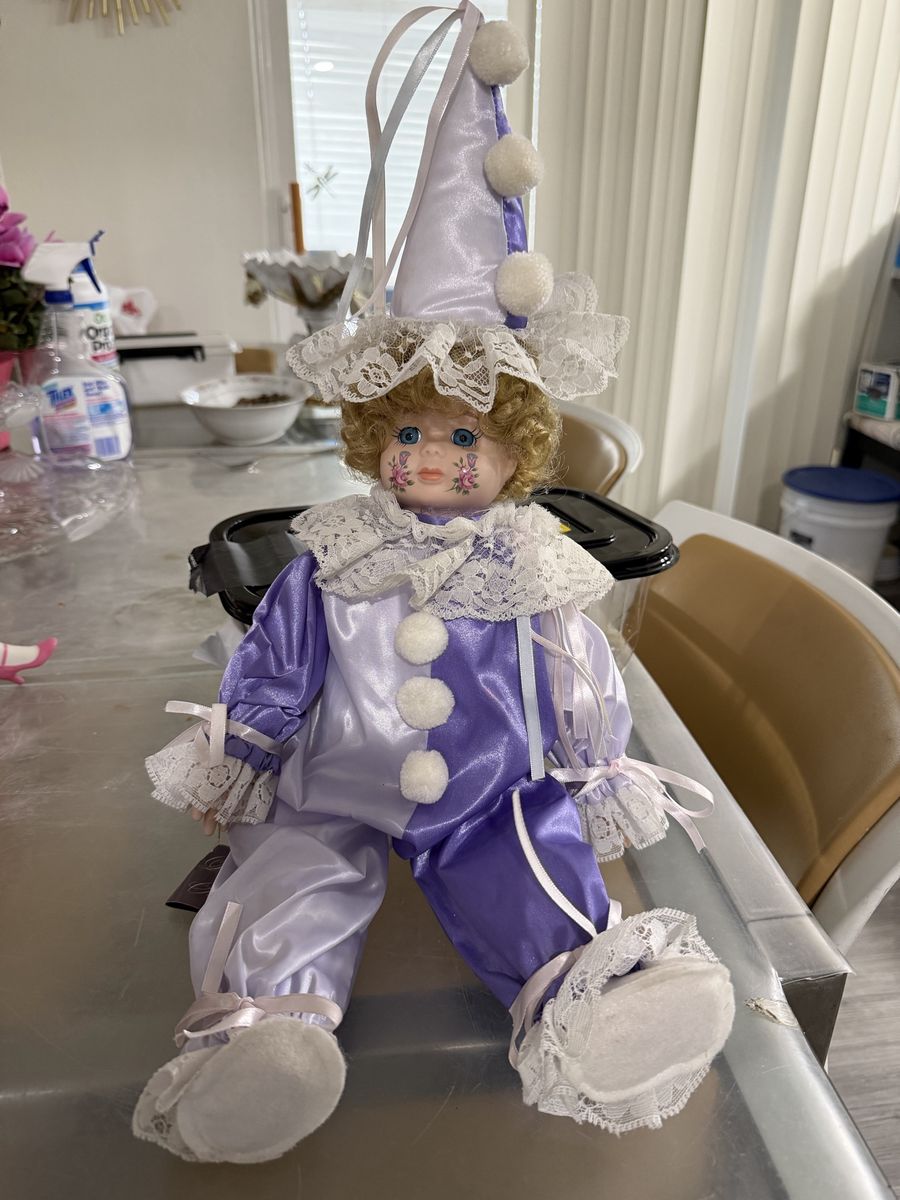 Vintage Porcelain Clown Doll with Purple and White Costume and Floral Face Paint