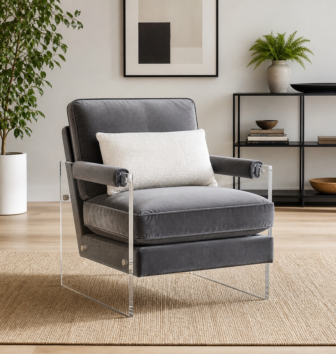 Three (3) identical clean, modern acrylic (lucite-style) accent chairs with plush gray velvet cushions.