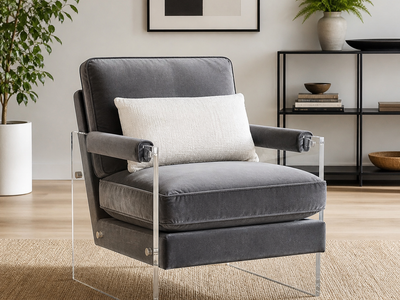 Three (3) identical clean, modern acrylic (lucite-style) accent chairs with plush gray velvet cushions.