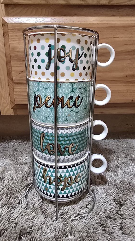 Mikasa French Countryside F9000 Stackable Mugs & Saucers Set w/ Rack (Joy, Peace, Love, Hope)