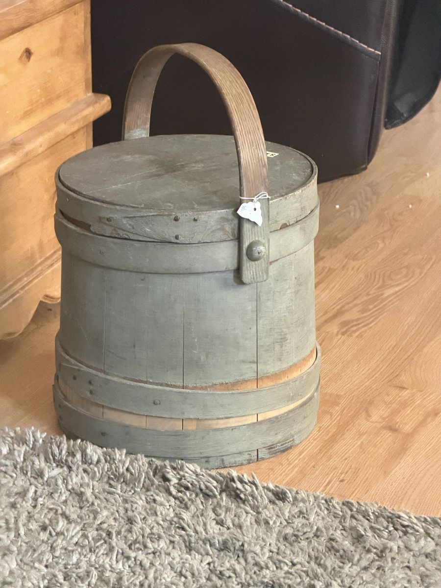 Antique 19th C. Country Green Grey Painted Primitive Firkin Farmhouse