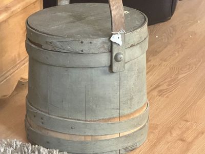 Antique 19th C. Country Green Grey Painted Primitive Firkin Farmhouse
