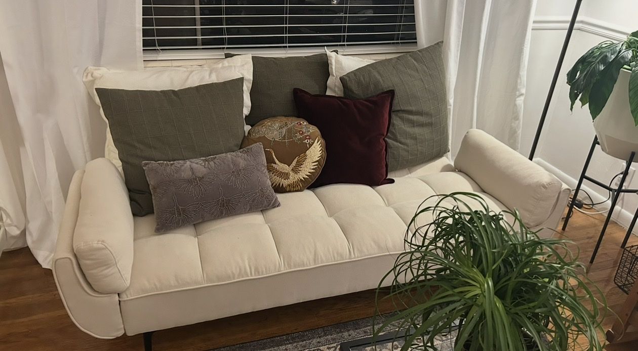Modern White Tufted Futon Sofa Bed with Wood Legs