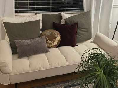 Modern White Tufted Futon Sofa Bed with Wood Legs