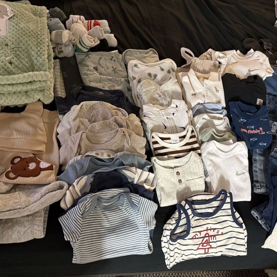 Newborn Baby Boy Clothing Lot 0-3M - Bodysuits, Jeans, socks, swaddles, Blankets & More