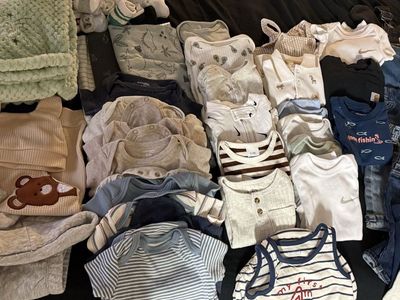 Newborn Baby Boy Clothing Lot 0-3M - Bodysuits, Jeans, socks, swaddles, Blankets & More