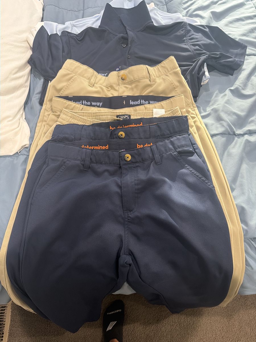 Boys !!French toast School Uniforms: Navy & Khaki Pants, Polo Shirts size L 14/16