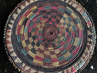 Vintage Hand-Woven African Raffia Basket Plate Wall Decor, Multicolor, 12" Diameter