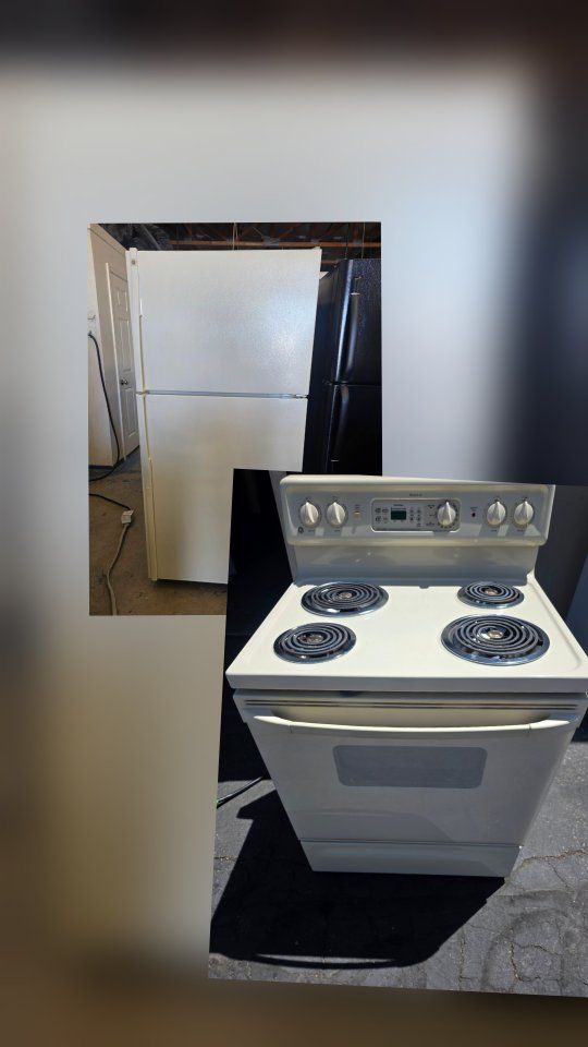 light cream refrigerator and electric stove
