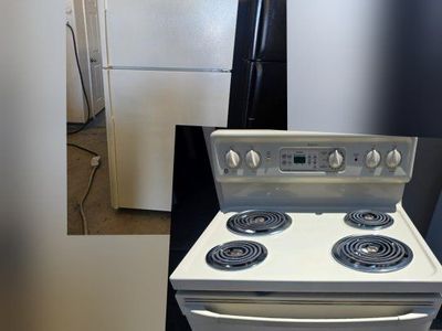 light cream refrigerator and electric stove