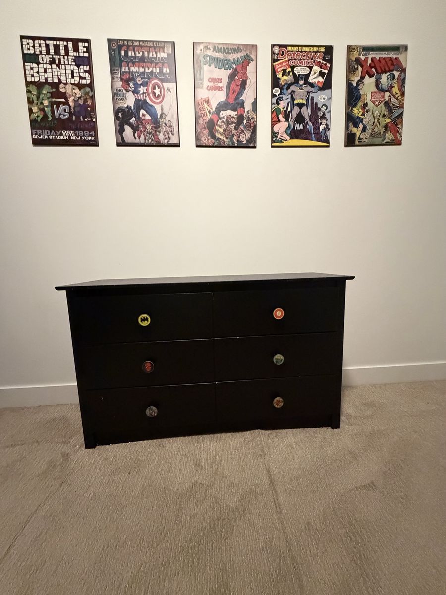 Black Dresser, 6-Drawer, Comic Book Knobs, Kids Room Furniture