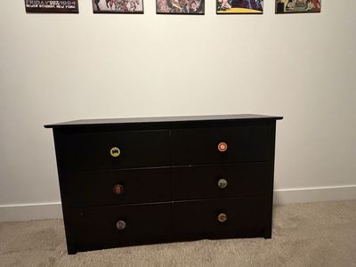 Black Dresser, 6-Drawer, Comic Book Knobs, Kids Room Furniture