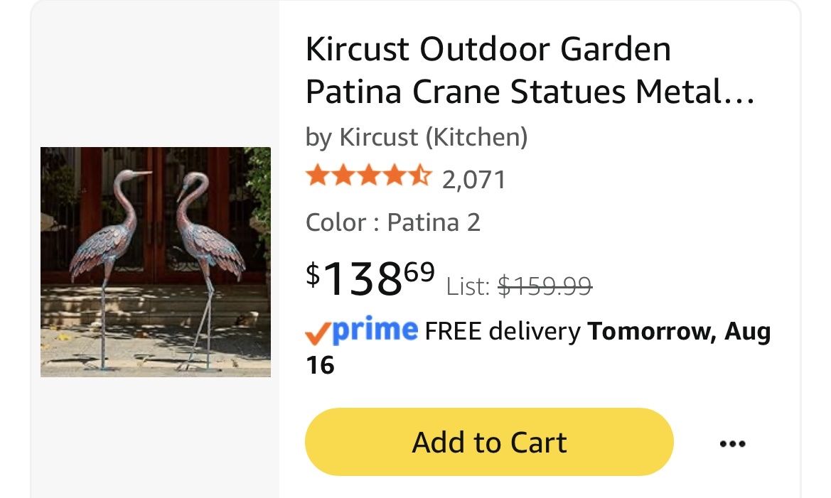 Kircust Outdoor Garden Patina Crane Statues Metal Pair
