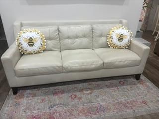 Off-White Leather Couch Sofa with Button-Tufted Back Cushions, Top Grain Cowhide