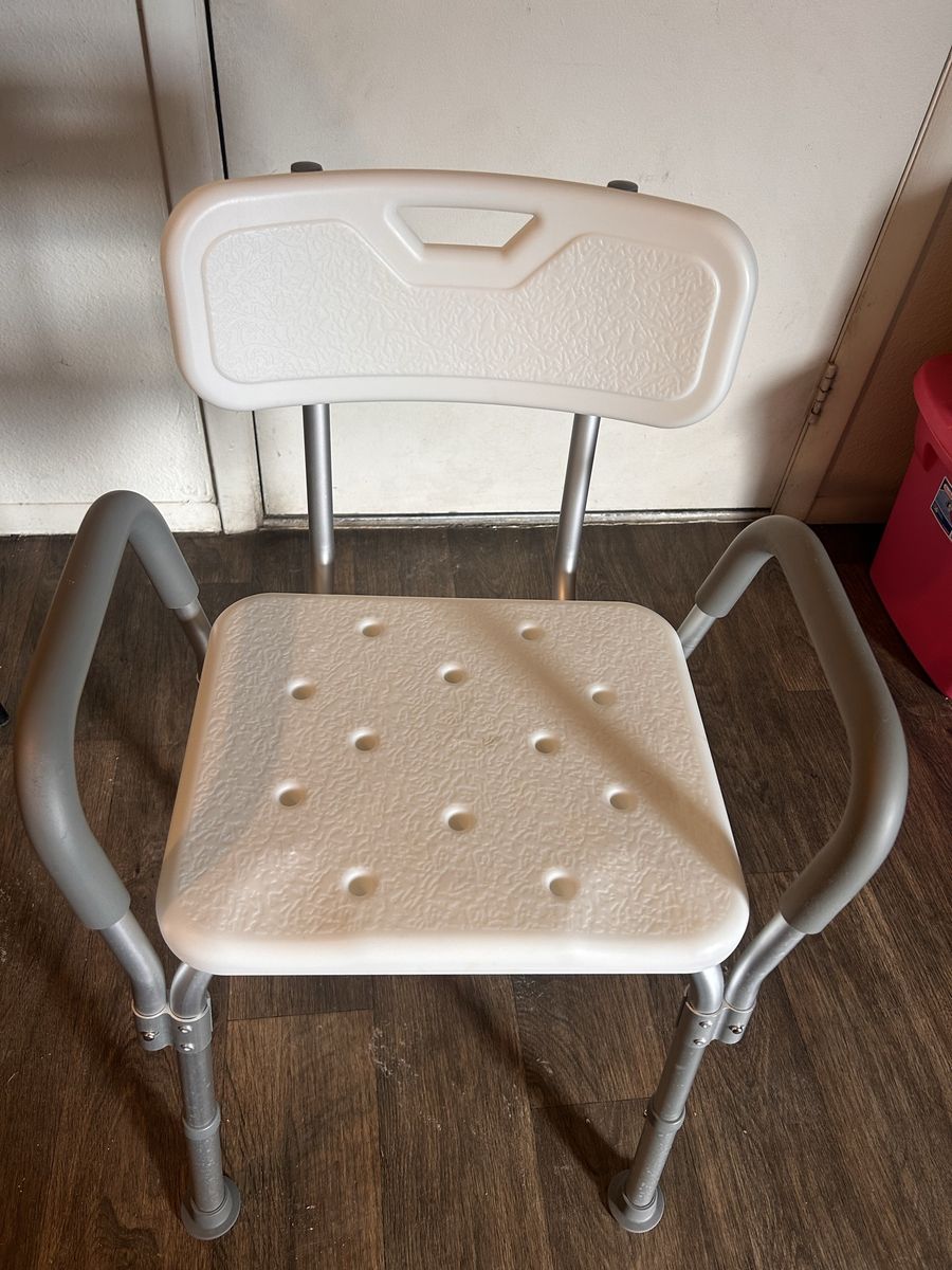 Adjustable Height Shower Chair with Backrest & Arms - White/Gray, Lightweight Aluminum Frame