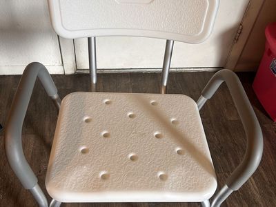 Adjustable Height Shower Chair with Backrest & Arms - White/Gray, Lightweight Aluminum Frame