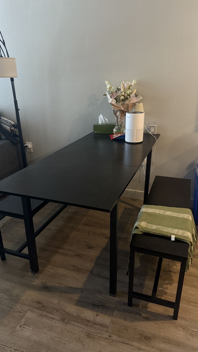 Black Dining Table with 2 Benches