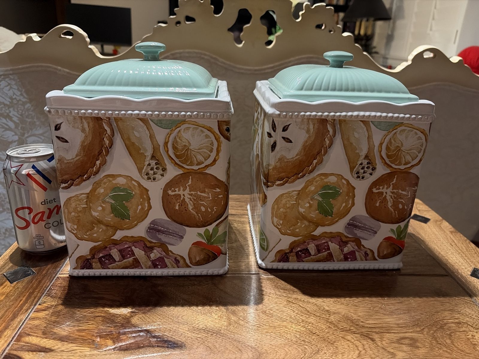 2 New Large Vintage Style Ceramic Square Canister Jars with Lids - Dessert/Baking Motif, Aqua/White
