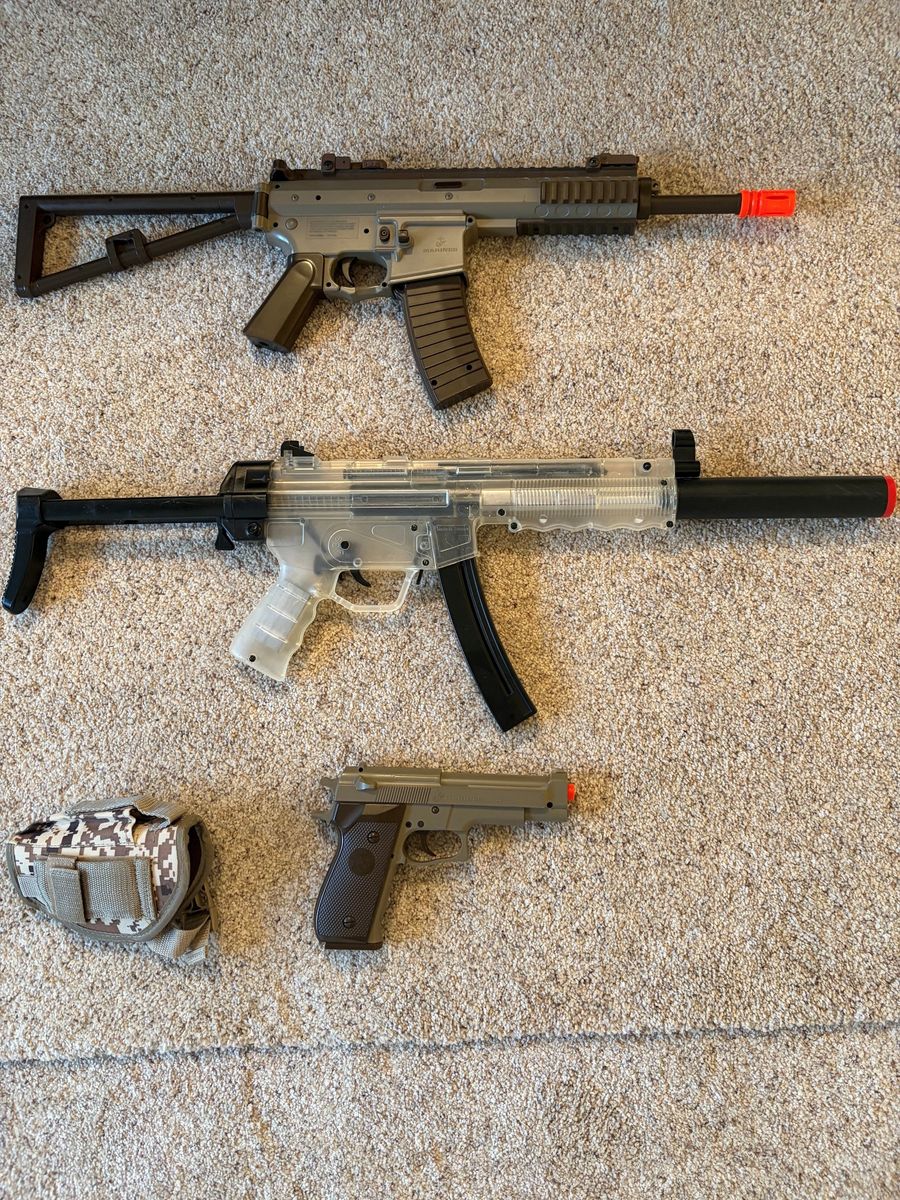 Airsoft Rifle Bundle - Two Rifles, Pistol, and Camo Holster