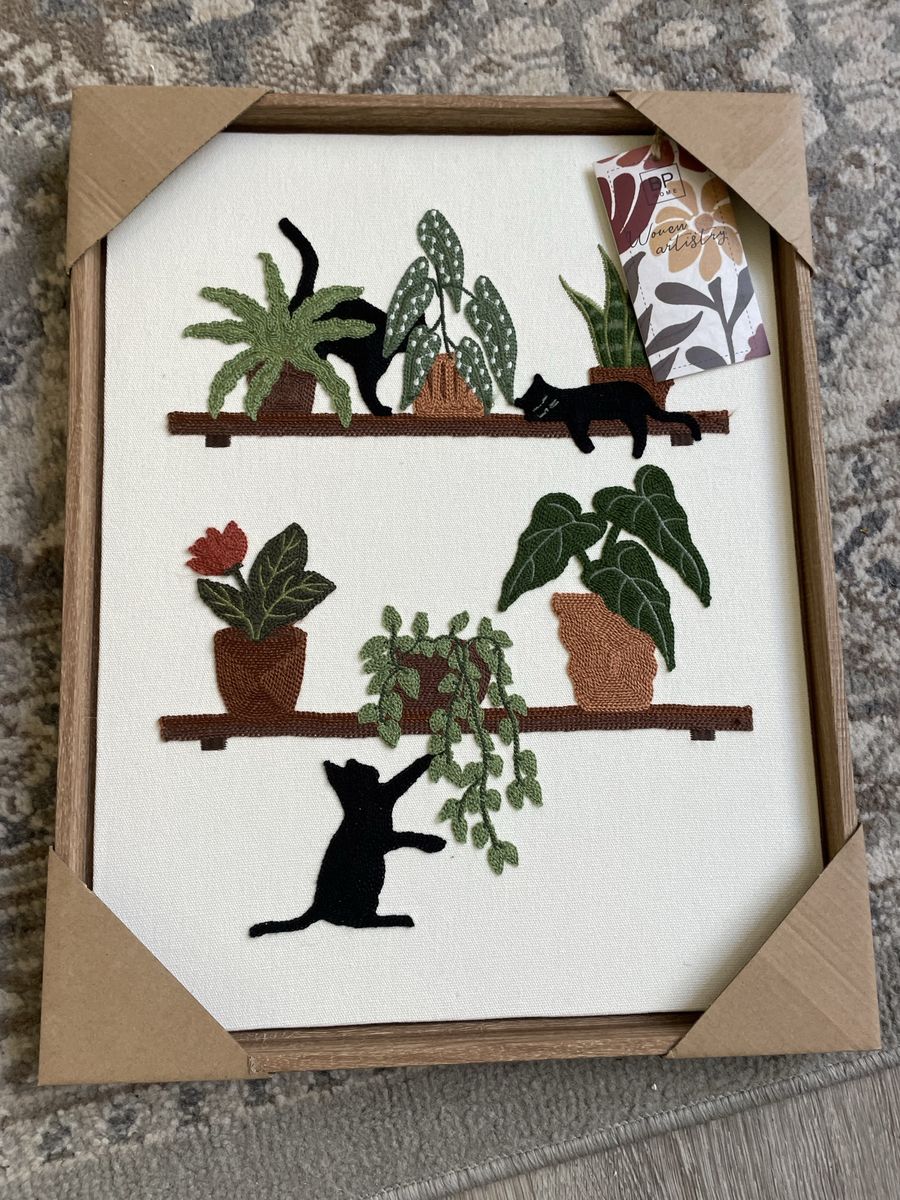 NEW BP Home Woven Embroidery Wall Art Black Cats On shelves with plants MEDIUM 18.5” X 14.5”