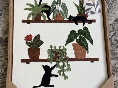 NEW BP Home Woven Embroidery Wall Art Black Cats On shelves with plants MEDIUM 18.5” X 14.5”