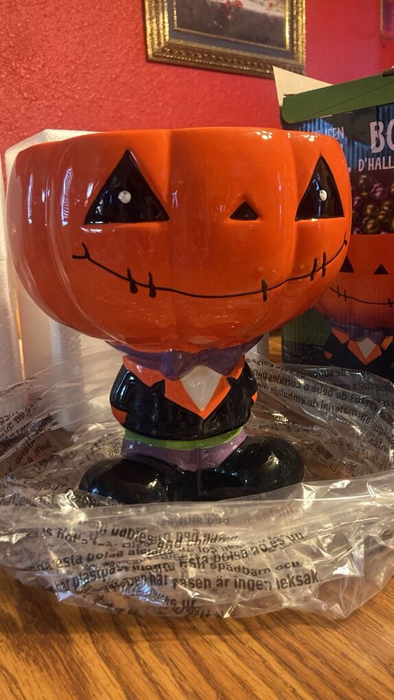 Halloween Pumpkin Head Bowl Ceramic New In Box