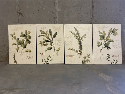 Set of 4 Herb Botanical Canvas Wall Art Prints - Basil, Sage, Rosemary, Parsley Home Decor