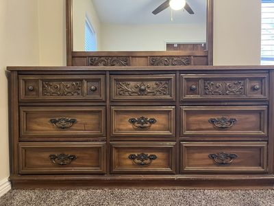 Vintage Wooden Dresser with Matching Mirror - 9 Drawer Storage