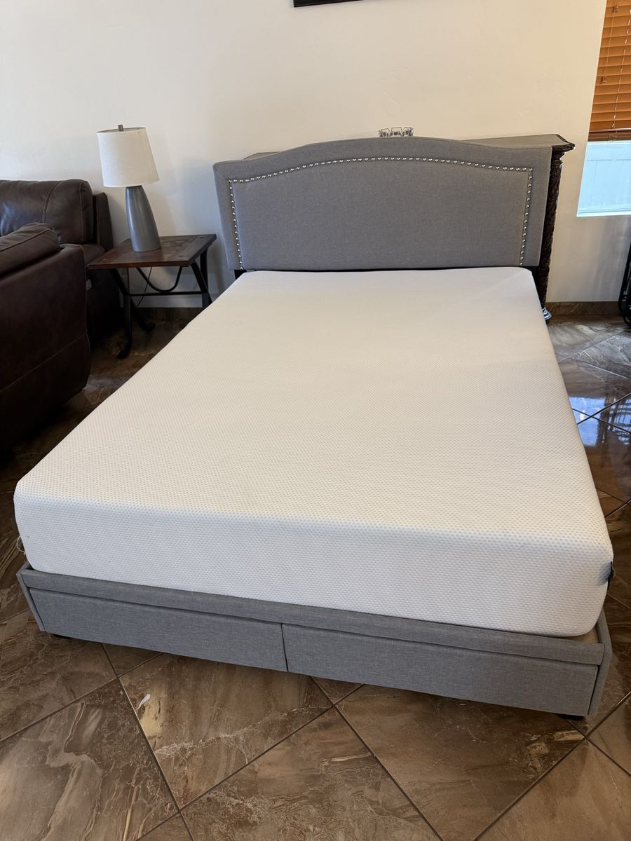 Gray Upholstered Storage Bed with Nailhead Trim and Mattress queen size clean $200