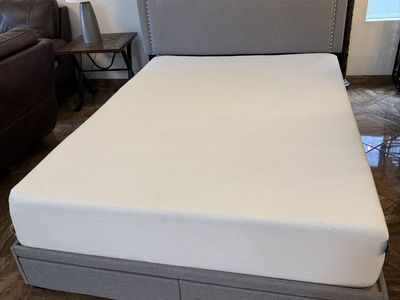 Gray Upholstered Storage Bed with Nailhead Trim and Mattress queen size clean $200