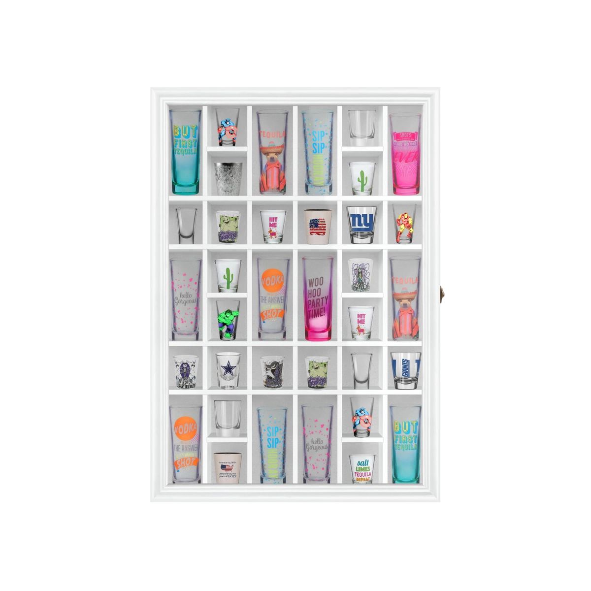 New 36 Slot Wall Mounted Shot Glass Display Cabinet Case White Wood
