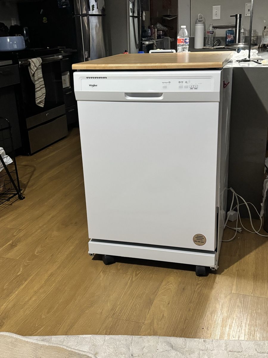 Whirlpool White Portable Dishwasher - Excellent Condition, Butcher Block Top