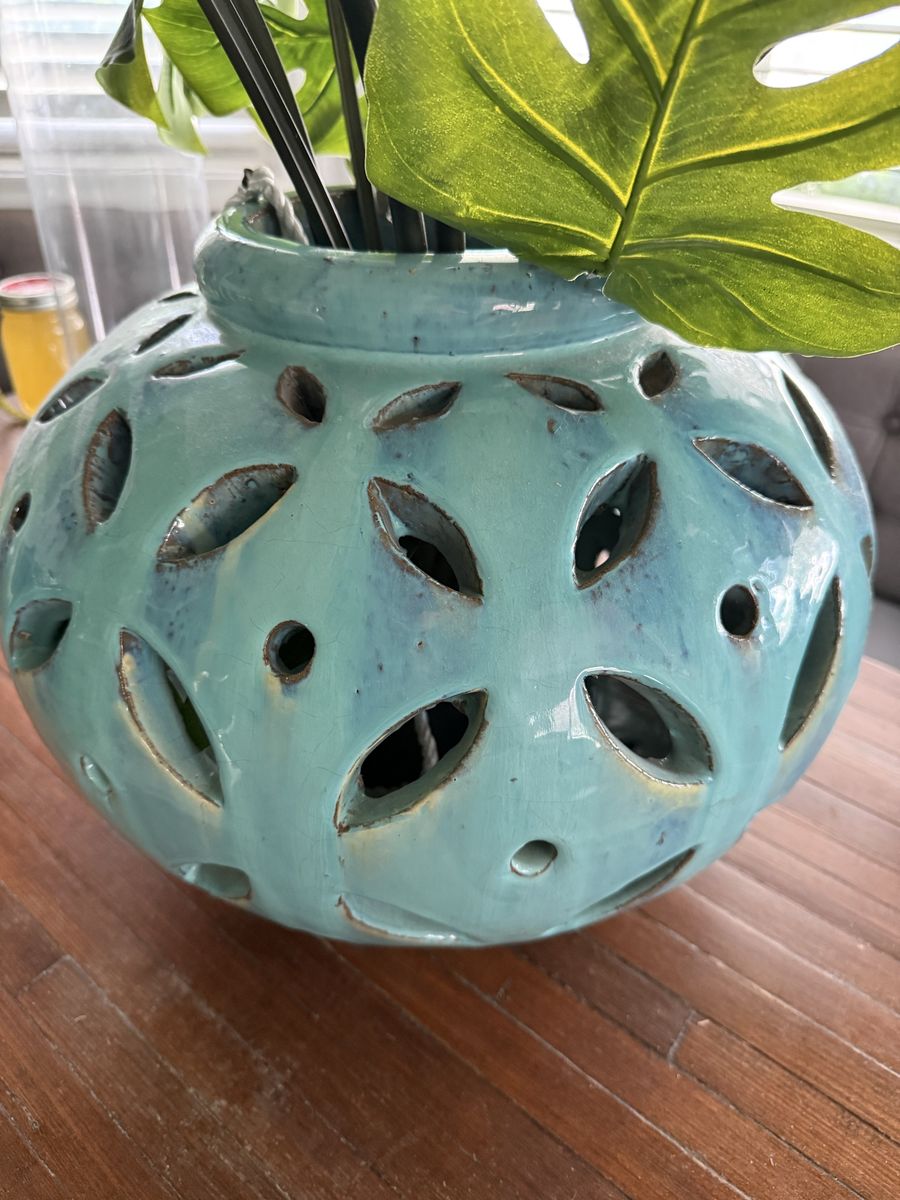 Turquoise Ceramic Vase with faux Monstera plant, 15” Diameter, Decorative Planter
