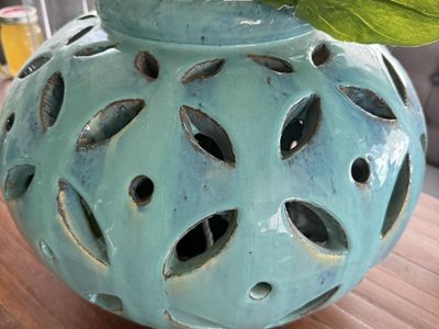 Turquoise Ceramic Vase with faux Monstera plant, 15” Diameter, Decorative Planter