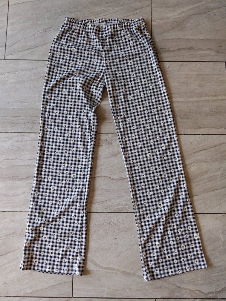 TWIN Black & White Gingham Daisy Flare Pants XL/XLG - Stretch Knit Wide Leg Trousers