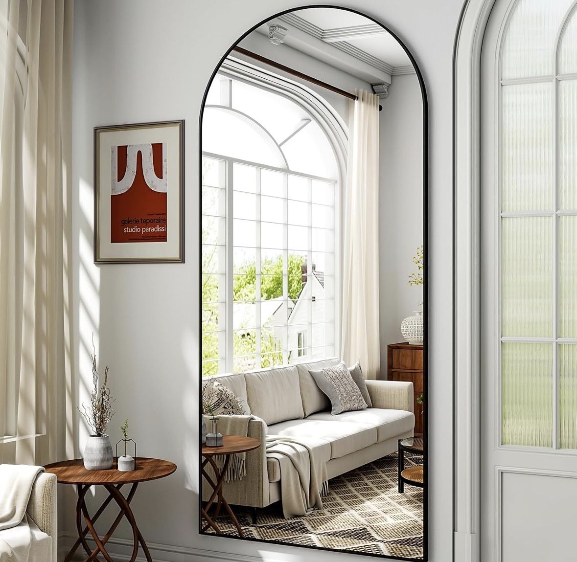 Large Arched Full-Length Floor Mirror with Black Metal Frame 71Lx26 