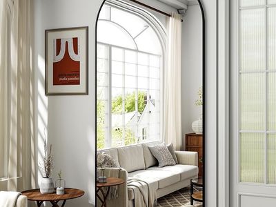 Large Arched Full-Length Floor Mirror with Black Metal Frame 71Lx26