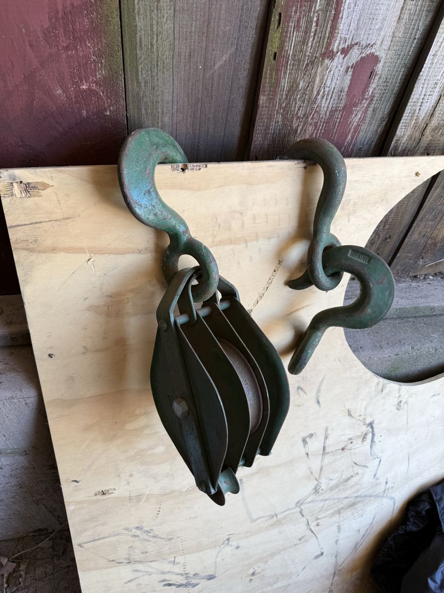 Vintage Industrial Green Metal Pulley with Hooks - Heavy Duty Block and Tackle