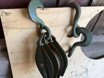 Vintage Industrial Green Metal Pulley with Hooks - Heavy Duty Block and Tackle