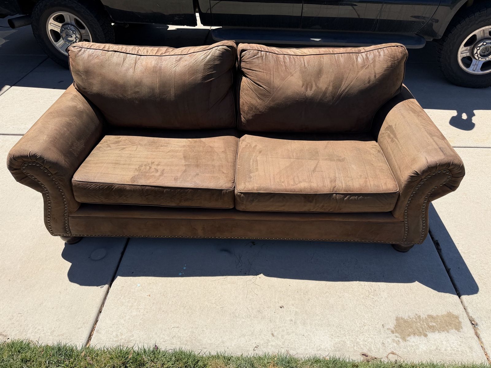 Used Brown Fabric Couch Sofa - Studded Arm Detail - Cushioned Seating