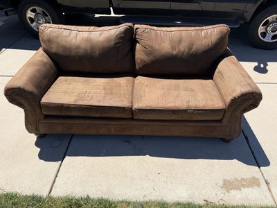 Used Brown Fabric Couch Sofa - Studded Arm Detail - Cushioned Seating