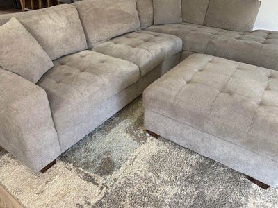 Gray Tufted Sectional Sofa with Storage Ottoman - Great Condition, Plush Seating