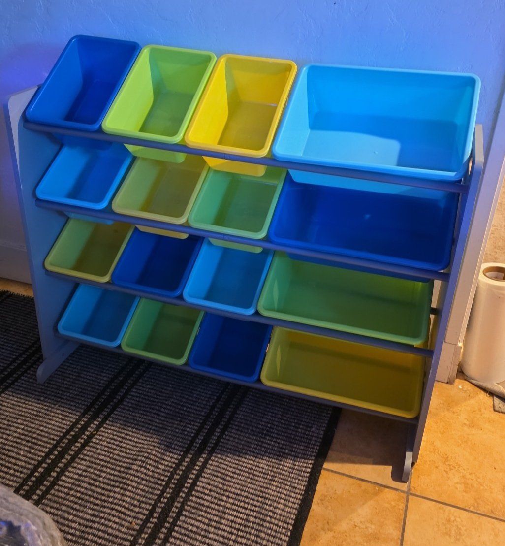 Multi-Color Toy Organizer Storage Rack with Removable Plastic Bins