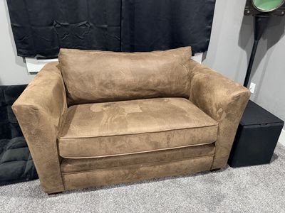 Brown suede loveseat couch