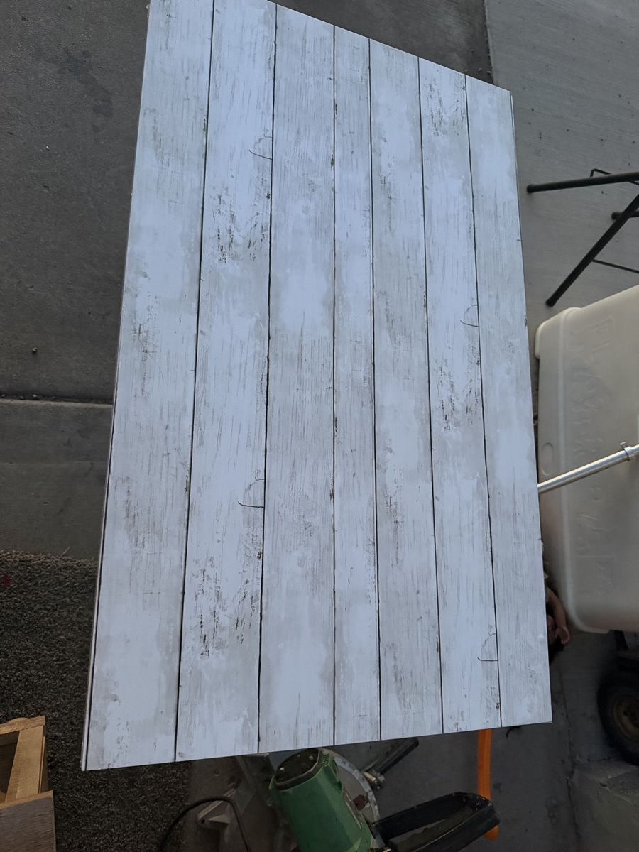 Custom White Distressed Wood Top Table with Built-in Ruler Edge